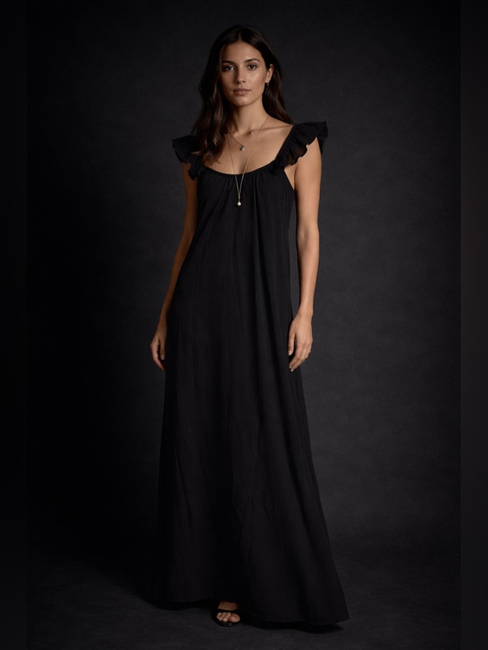 Function & Fringe Edit | Boho Minimal Black Maxi Dress Ruffle Strap Open Back